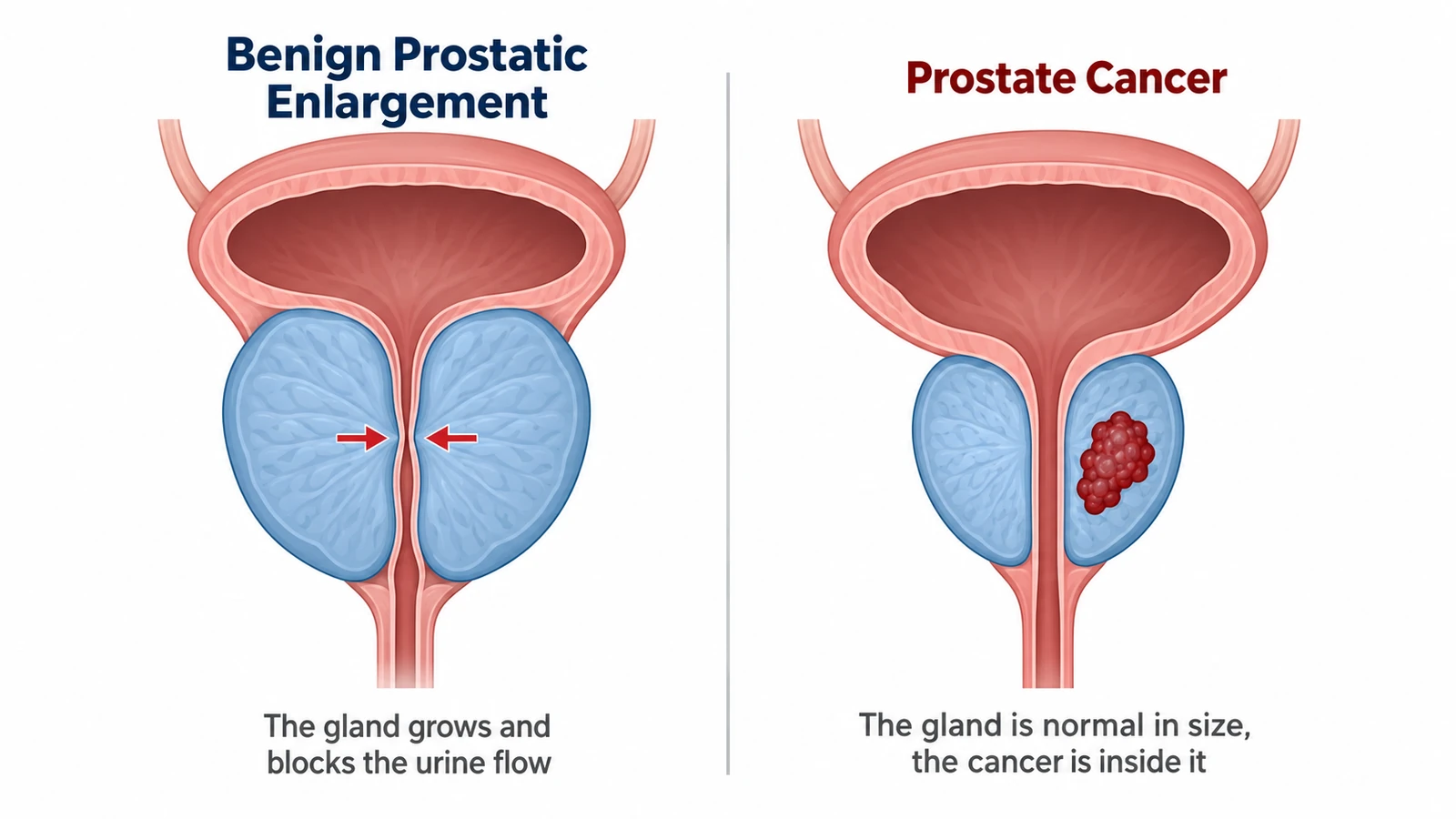 Benign Prostatic Enlargement squeezing the urine tube compared with Prostate Cancer inside a normal sized gland
