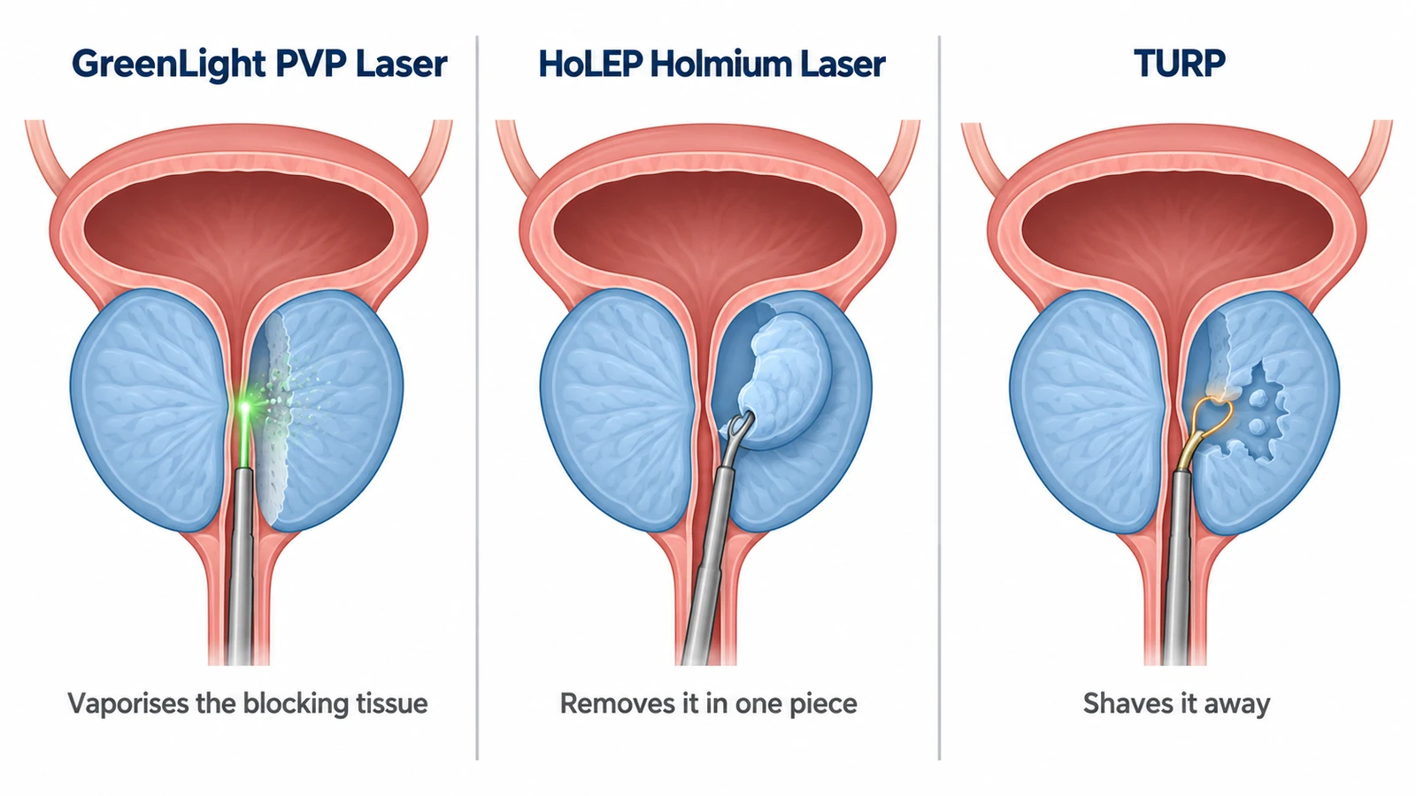GreenLight PVP Laser, HoLEP Holmium Laser and TURP compared, showing what each does to the blocking prostate tissue