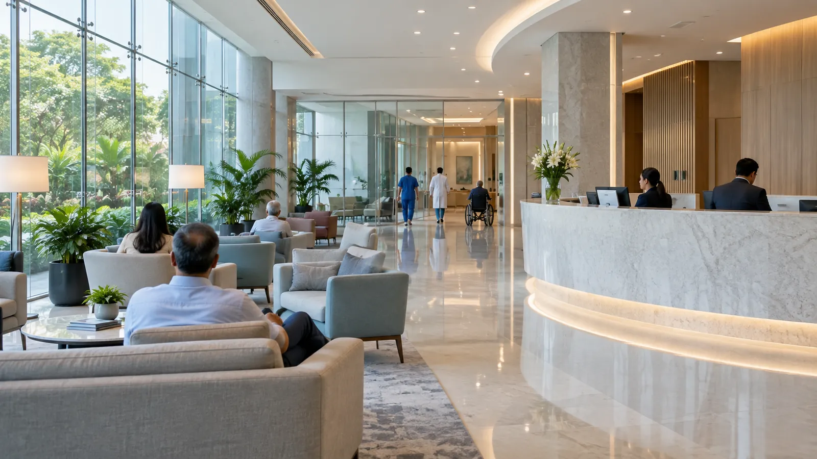 The international patient reception and lounge at a World Class Hospital in India, where patients travelling from abroad are received