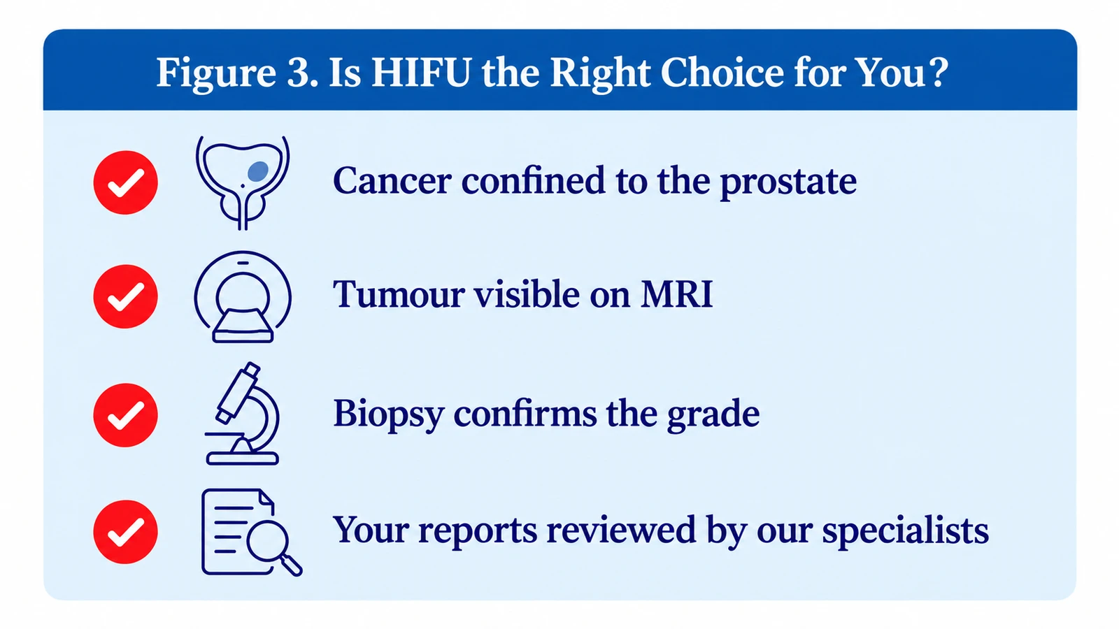 Figure 3. Is HIFU the right choice for you: cancer confined to the prostate, tumour visible on MRI, biopsy confirms the grade, reports reviewed by our specialists