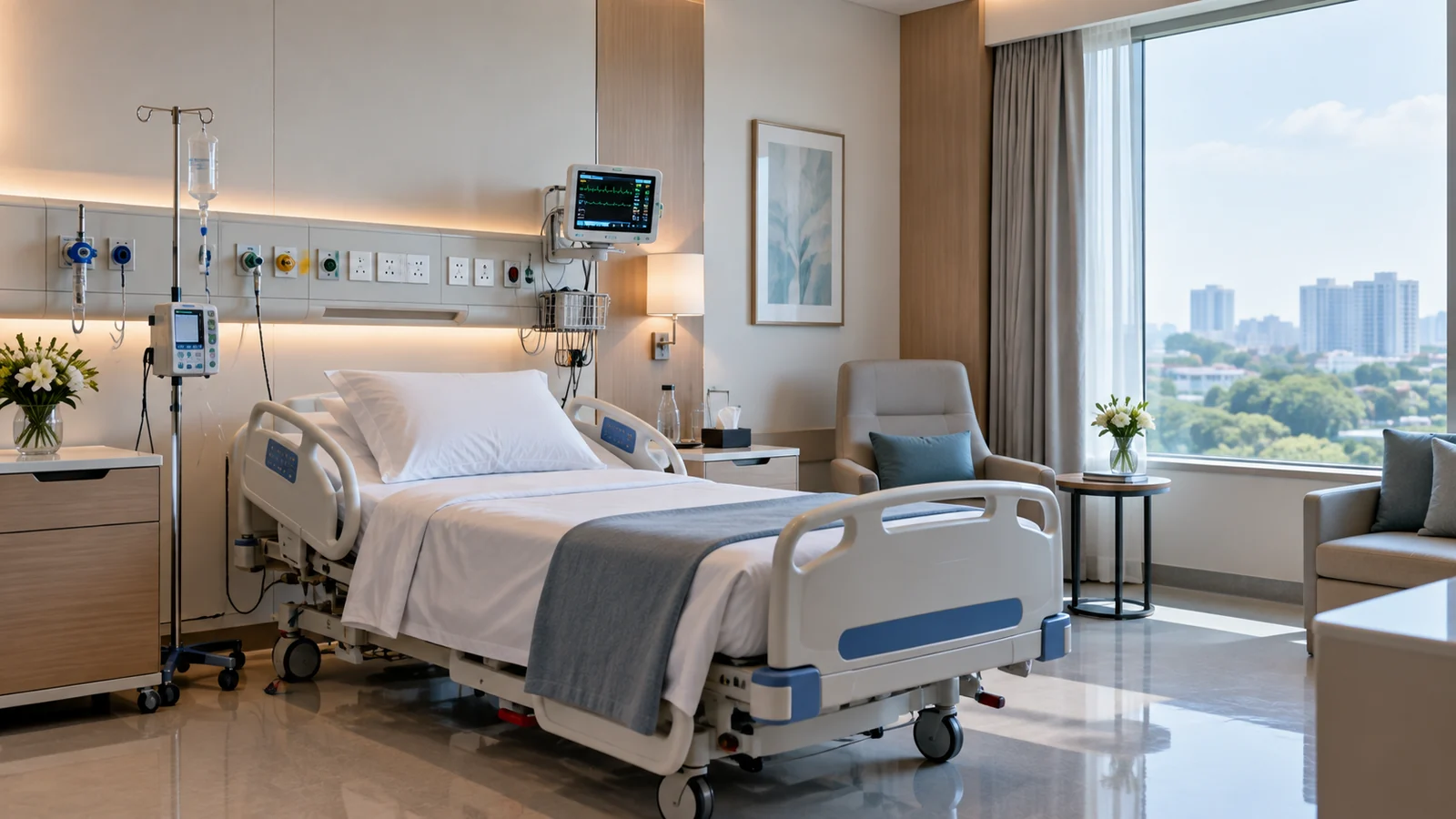 A private recovery room at a World Class Hospital in India, with a chair and space for the attendant travelling with the patient to stay in the room