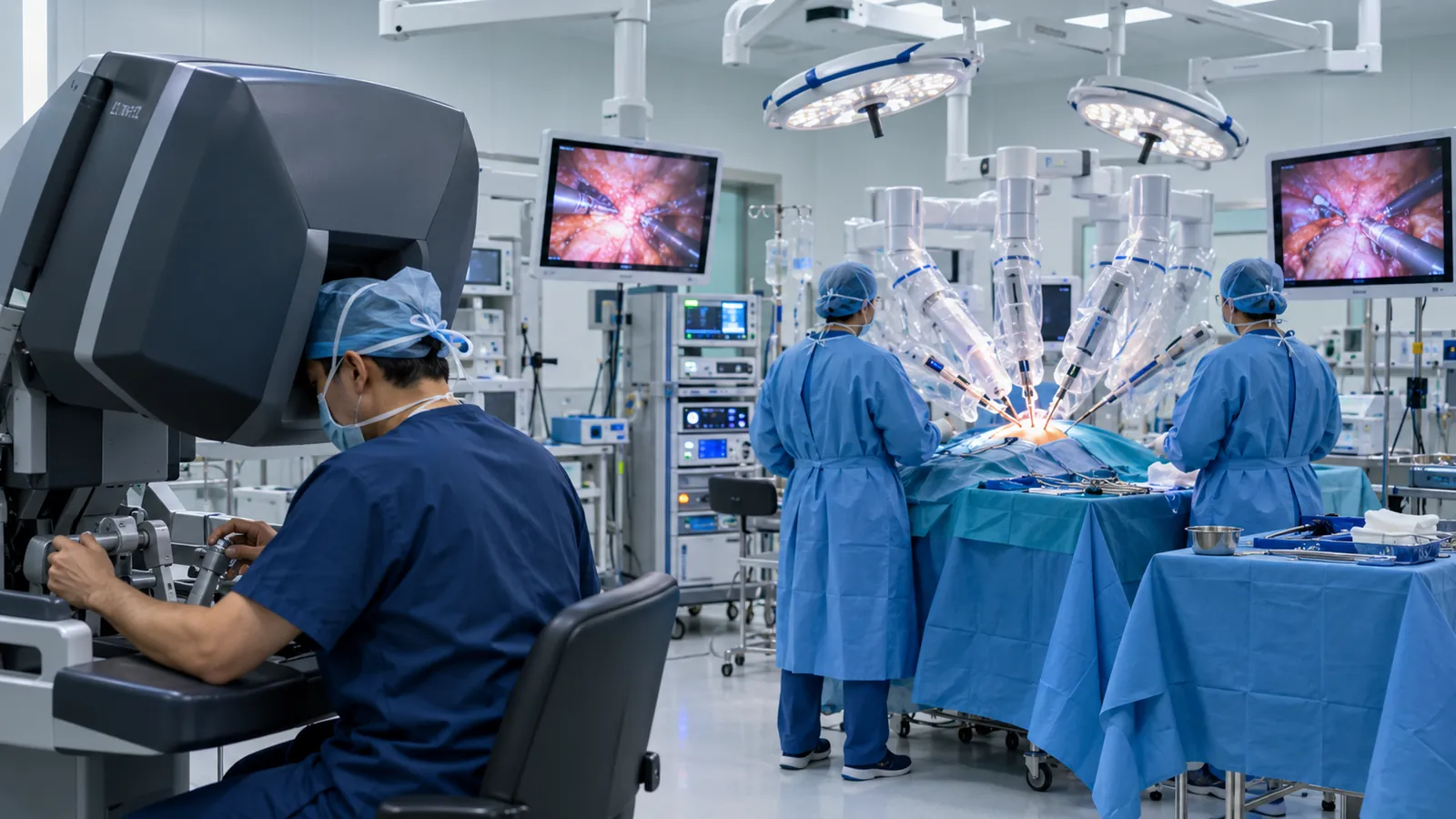 Robotic Prostate Surgery in progress at a World Class Hospital in India, the surgeon at the robotic console on the left and the patient side cart with four robotic arms over the operating table